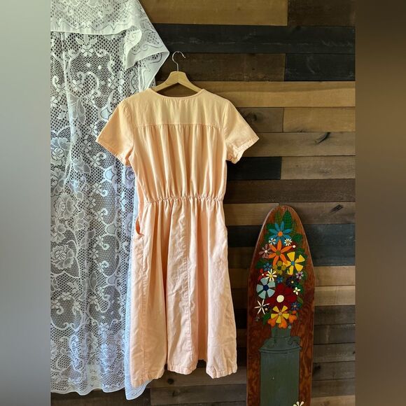 Vintage 90s FADS Peach Short Sleeve Cotton Button Down Dress with Pockets - Picture 5 of 8